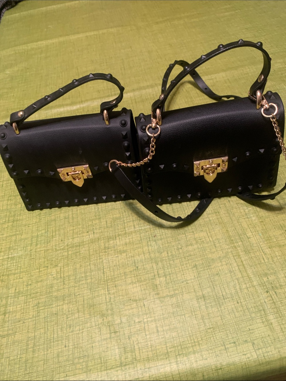 Black Studded Crossbody Bag with Gold Lock and Chain